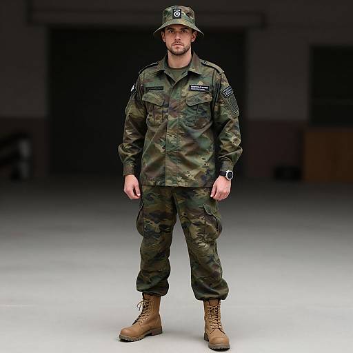 Photograph of a male soldier in full camouflage uniform, green hat, brown boots, standing in a dimly lit room.