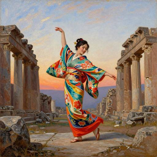 Digital painting of a graceful Asian woman in a colorful floral kimono dancing between ancient Greek ruins at sunset.