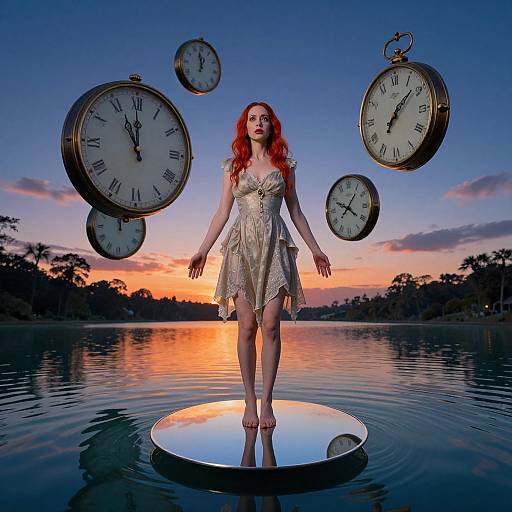 Photograph of a red-haired woman in a lace dress, standing on a water platform, surrounded by floating antique clocks, at sunset.