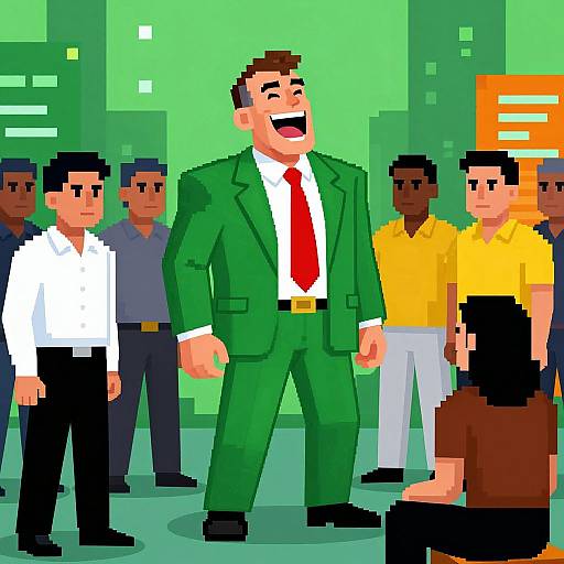 Digital pixel art of a smiling, muscular man in a green suit and red tie, standing among a group of diverse office workers. Background features green,