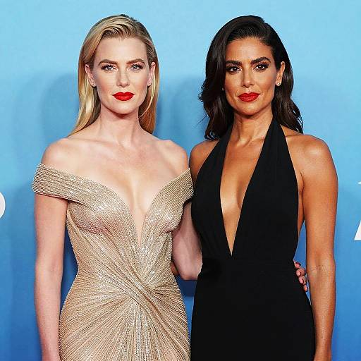 Photograph of two women in formal attire: blonde in a sparkling off-shoulder gown, brunette in a black halter dress, both with red
