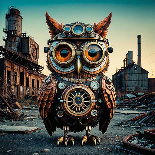 Steampunk Owl with Goggles in Abandoned Factory