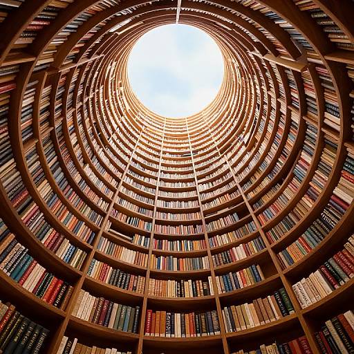 Endless Spiral Library with Bookshelves and Luminous Sky