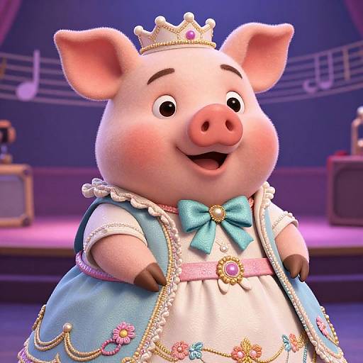 CGI image of a cheerful, pink pig wearing a gold crown, blue and white royal dress with floral embroidery, and a turquoise bow, on a