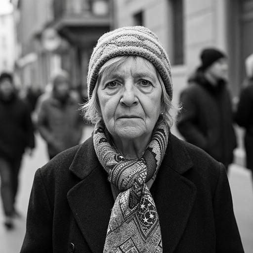 Black-and-white photograph of an elderly woman with wrinkled skin, wearing a knitted hat and patterned scarf, standing on a busy street, with