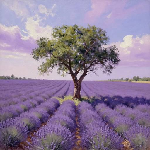 Photograph of a solitary, lush green tree standing in the center of a vast, purple lavender field under a bright, partly cloudy sky.