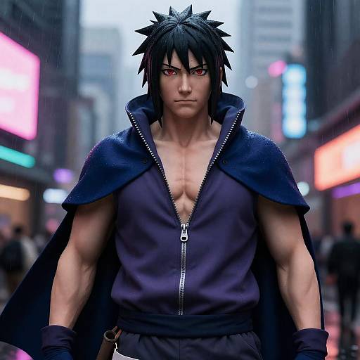 CGI anime-style image of a muscular, black-haired man with red eyes, wearing a blue zip-up shirt and cape, standing in a rainy,