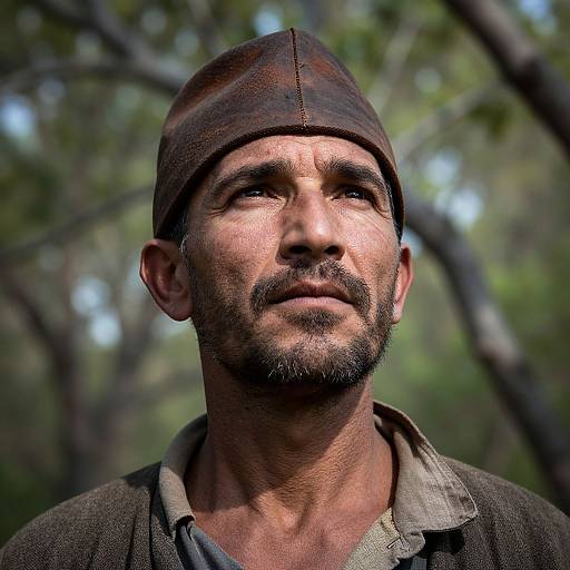 Photograph of a rugged, bearded man with a weathered face, wearing a worn brown cap and dark jacket, looking upward in a sunlit
