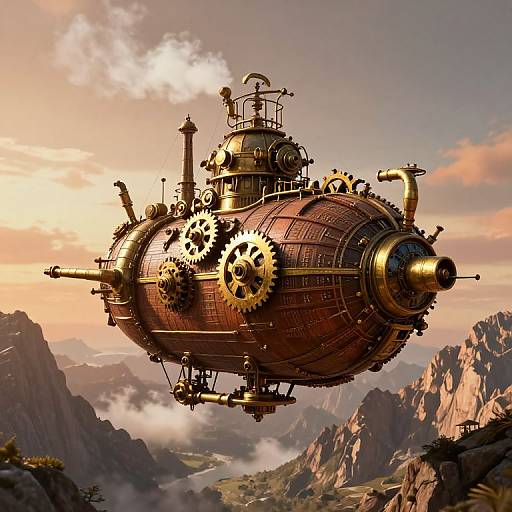 Steampunk airship with large gears and brass accents floating over a mountainous landscape at sunset, with clouds below. Photorealistic CGI.