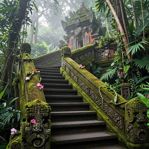 Photograph of a lush, moss-covered stone staircase leading to an ornate, ancient temple with intricate carvings, surrounded by dense jungle foliage and