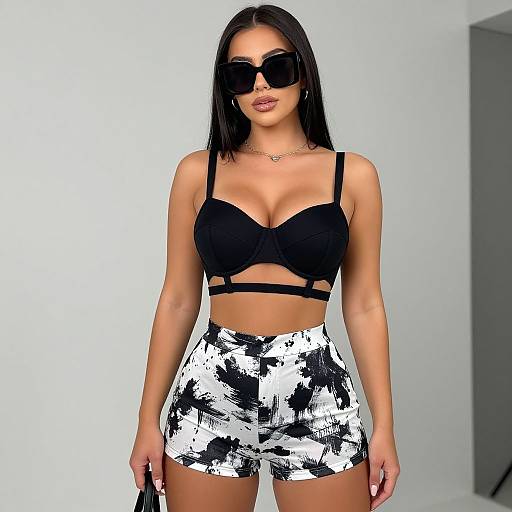 Photograph-style digital image of a tan-skinned woman with long black hair, wearing black sunglasses, black bralette, and high-waisted white