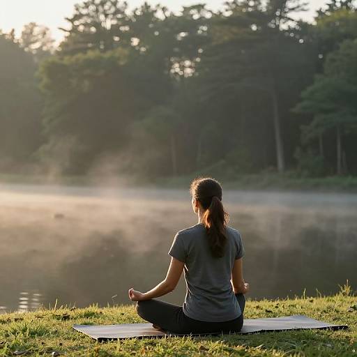 Photograph of a woman with dark hair in a ponytail, wearing a grey t-shirt and black pants, meditating on a yoga mat by a
