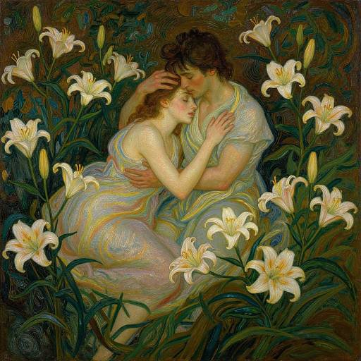 Impressionist painting of a romantic couple embracing among white lilies, with vibrant, swirling colors and a dark, floral background.