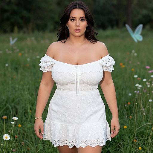 Photograph of a curvy woman with medium skin tone, black wavy hair, wearing an off-shoulder white lace dress, standing in a