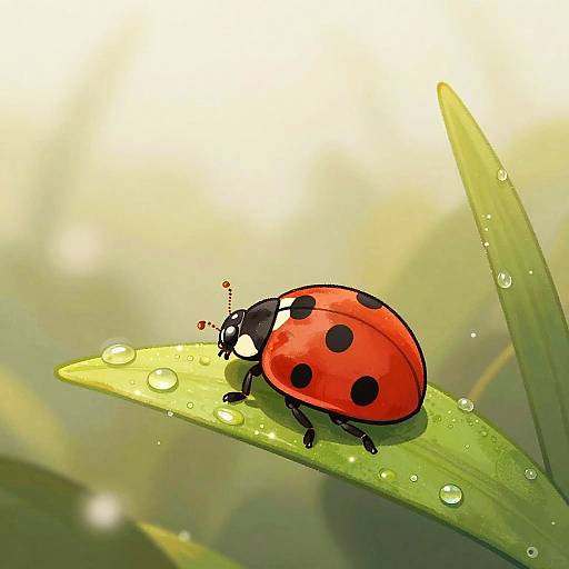 Photograph of a vibrant red ladybug with black spots, sitting on a dew-covered green leaf, bright sunlight in the background.
