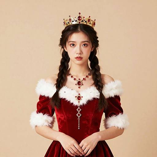 Photograph of an East Asian woman with braided black hair, wearing a red velvet dress with white fur trim, gold crown, red gemstone necklace