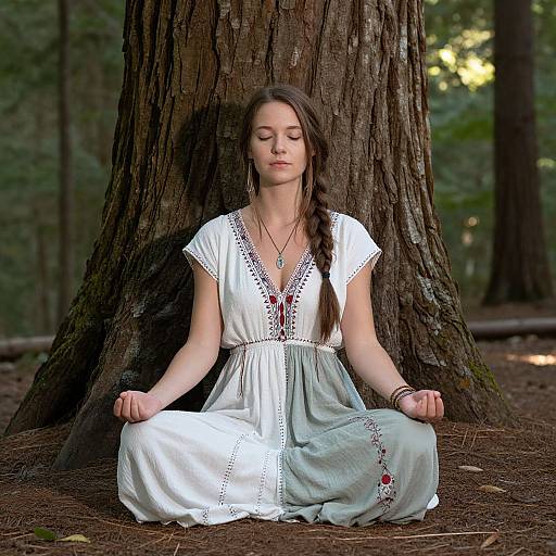 Young woman with braided hair, wearing white embroidered dress, meditating cross-legged against a tree in a forest, eyes closed, serene expression. Photograph