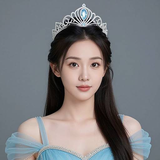 Photograph of an East Asian woman with long black hair, wearing a silver tiara and blue off-shoulder dress, against a gray background.