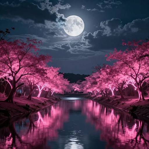 Photorealistic digital artwork of a glowing pink cherry blossom trees lining a reflective river at night, under a bright full moon.