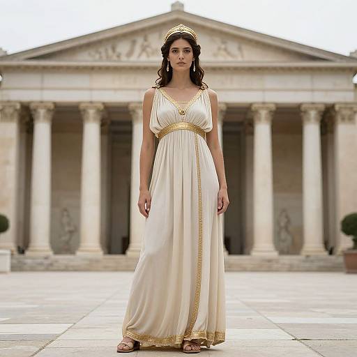 Photograph of a young woman with wavy brown hair, wearing a white Greek-style gown with gold trim, standing in front of a classical stone building