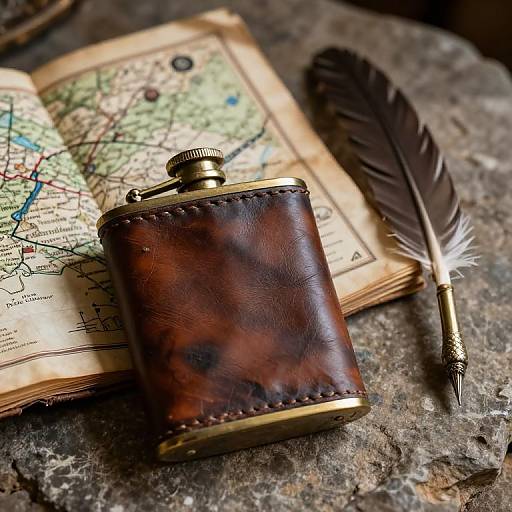 Photograph of a brown leather flask with gold trim, a black feather quill, and an antique map on a weathered, textured surface.