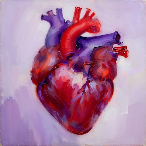 Abstract digital painting of a human heart, vibrant reds, purples, and blues, with bold, expressive brushstrokes on a white background.