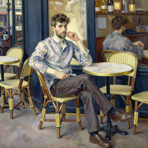 Impressionist-style painting of a bearded man in a blue striped shirt, sitting at a bistro table with yellow woven chairs, hand on cheek