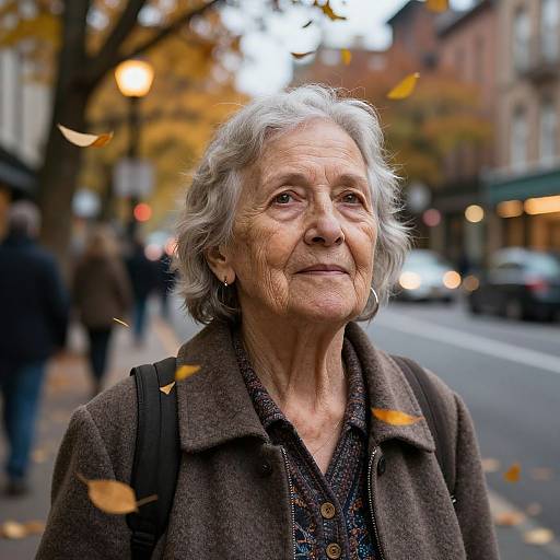 Photograph of an elderly woman with silver hair, wearing a brown coat, standing on a leaf-blown urban street in autumn.