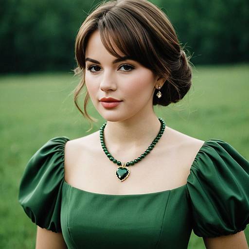 Young Woman in Green Puffy Sleeve Dress with Necklace