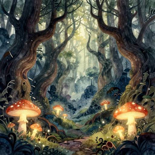 Whimsical forest scene: Illuminated by sunlight, featuring twisted trees, glowing mushrooms, and enchanting fireflies, creating a magical, fairy-t