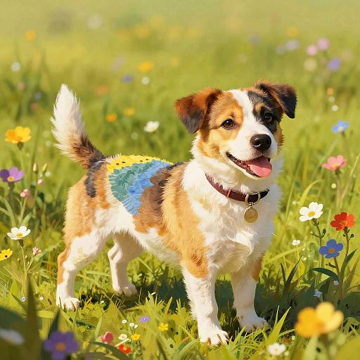Colorful Patchwork Dog in Meadow