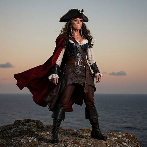 Photograph of a confident, long-haired woman in a pirate costume with a tricorn hat, red cape, black vest, and boots, standing on