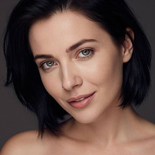 Photograph of a fair-skinned woman with short black hair, blue eyes, and subtle smile, set against a dark gray background.