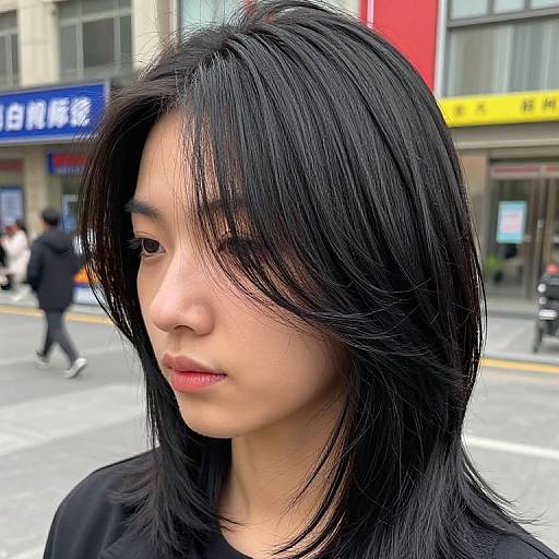 Photograph of an Asian woman with long, straight black hair, light skin, red lipstick, wearing a black top, standing on a busy urban street