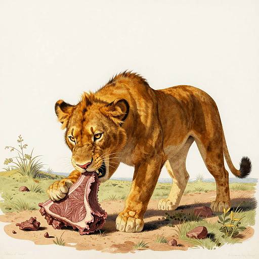 Digital painting of a young lion with golden fur, yellow eyes, and sharp teeth, biting into a raw, bloody piece of meat on a grassy