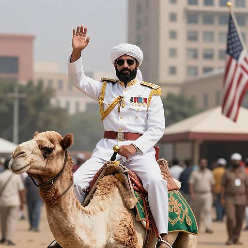 Bearded Man in Military Uniform on Camel