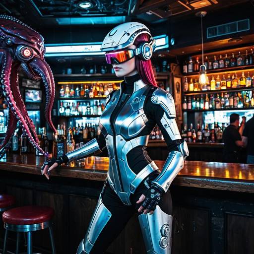 Cyborg Woman in Futuristic Bar