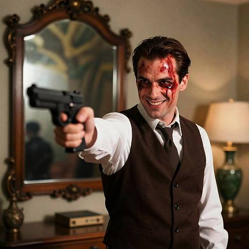 Intense Man with Gun and Background Elements