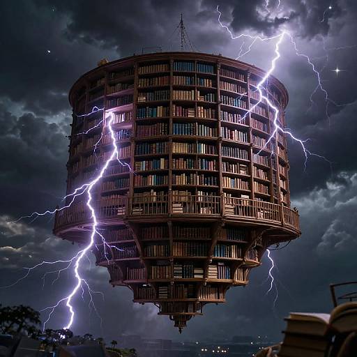 Photograph of a cylindrical, multi-story building with windows, engulfed in vivid purple lightning strikes against a dark, stormy sky.