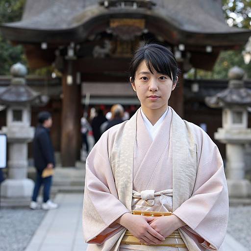 Photograph of an East Asian woman in a white kimono, holding a wooden box, standing in front of a traditional Japanese temple.