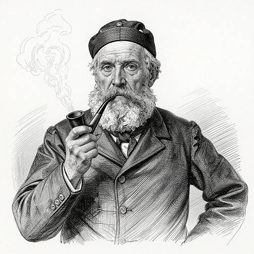 Black-and-white engraving of an elderly man with a white beard, wearing a military-style cap and jacket, holding a pipe to his mouth.