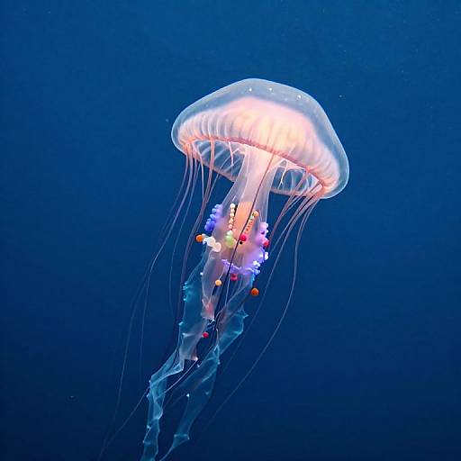 Photograph of a glowing jellyfish with a translucent, dome-shaped bell and long, flowing tentacles adorned with colorful, luminescent dots, floating