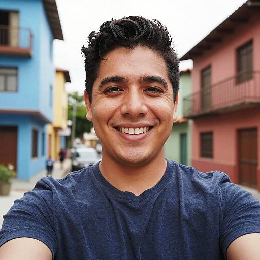 Photograph of a smiling young man with short, curly black hair, medium brown skin, wearing a dark blue V-neck shirt, standing in a colorful
