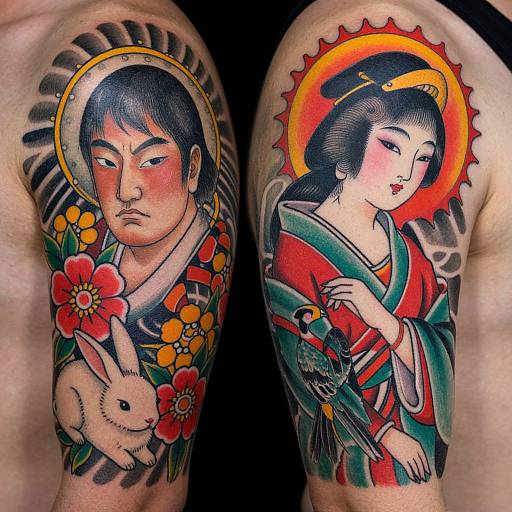 Tattoo of traditional Japanese-style couple; man with flowers and rabbit, woman with bird, both with halos, on muscular arms.