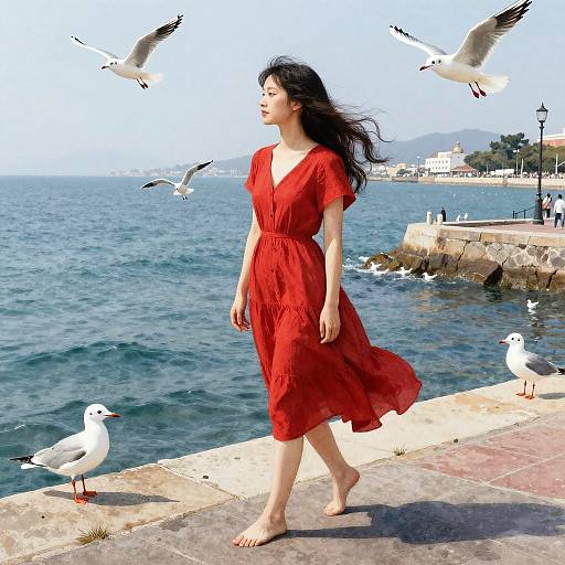Photograph of an Asian woman in a flowing red dress walking barefoot by a seaside, with seagulls flying and perching around her.