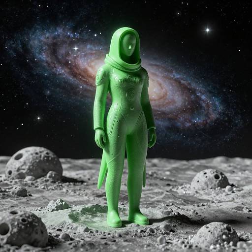 Digital artwork of a green, hooded astronaut standing on a rocky, moon-like surface with a colorful galaxy backdrop.