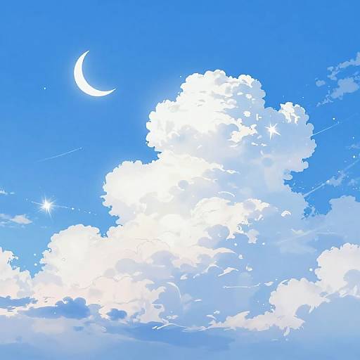 Digital artwork of a vibrant blue sky with fluffy white clouds, a crescent moon, and twinkling stars, creating a serene, dreamy atmosphere.