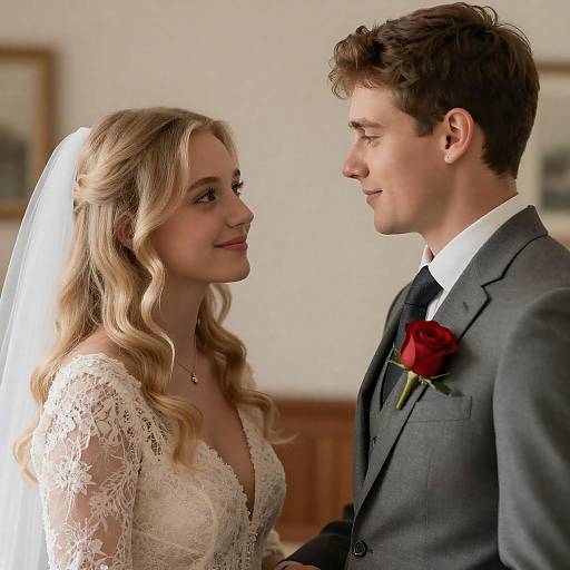 Photograph of a blonde bride in a lace wedding dress and veil, and a brown-haired groom in a gray suit with a red rose boutonni