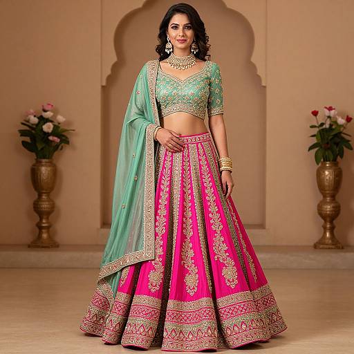 Elegant Green and Pink Lehenga