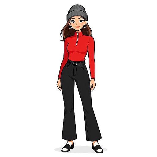 Digital anime-style drawing of a young woman with long brown hair, wearing a gray beanie, red long-sleeve shirt, black high-wa